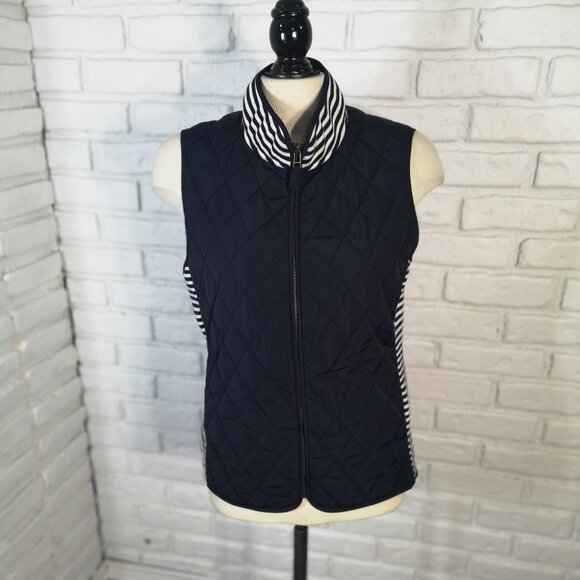 Talbots Petites Ladies Size Medium Full Zip Navy w/ White Stripes Vest - Picture 1 of 8
